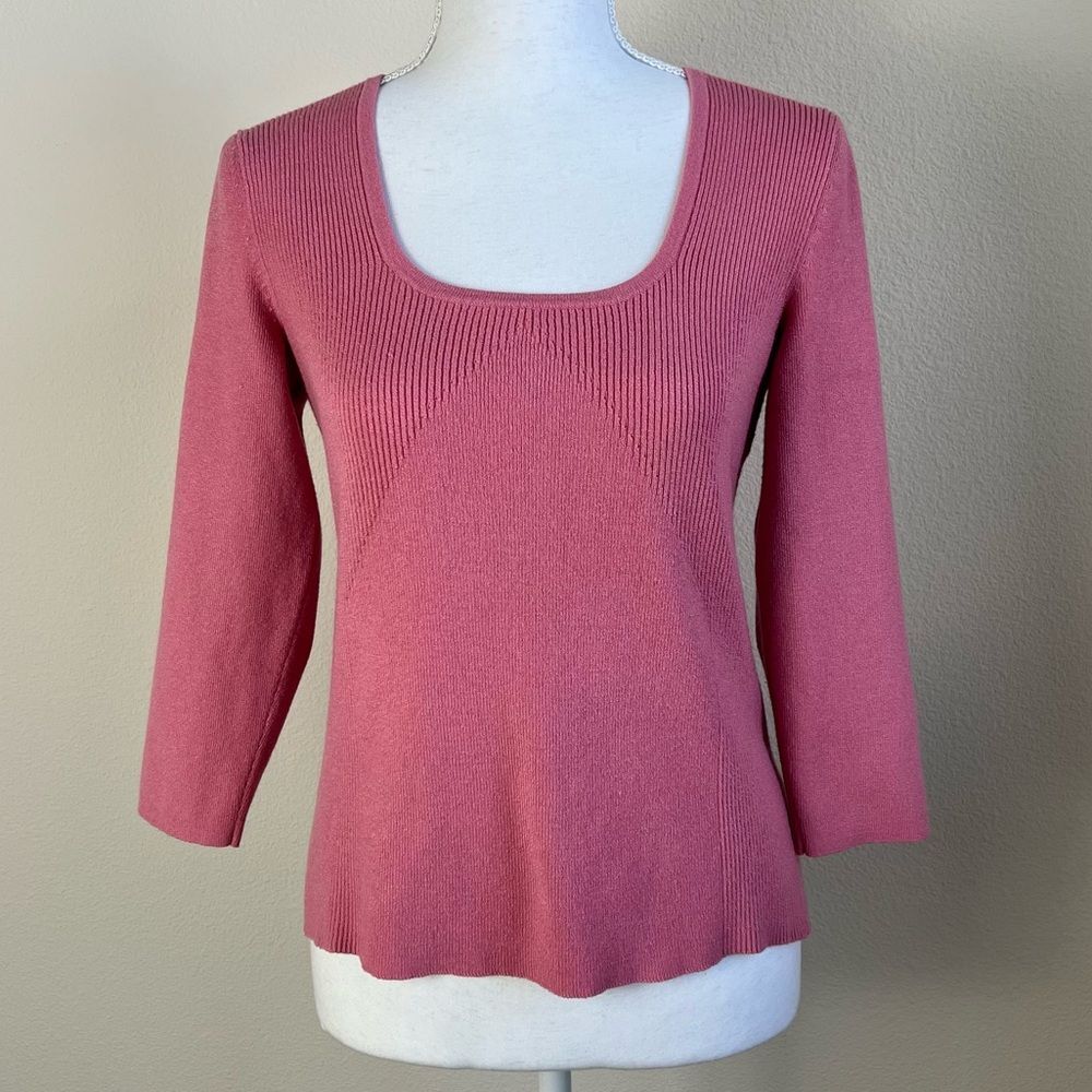 NY & Company Dusty Rose Pink Ribbed Knit Top Square Neck 3/4 Sleeve Women M